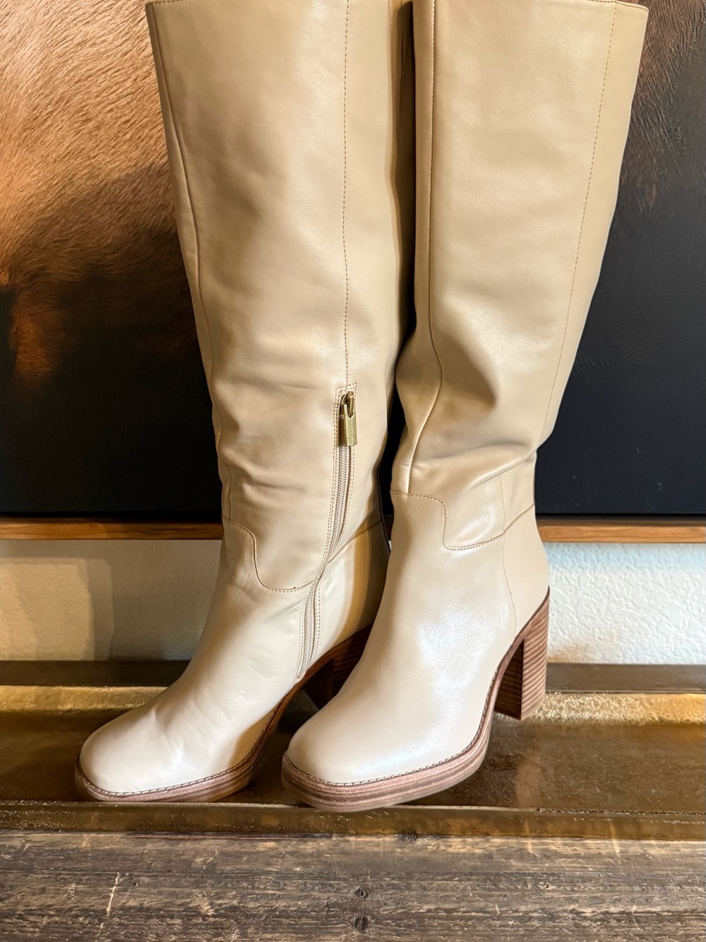 Vince Camuto Cream/Buff Leather Knee-High Block Heel Boots GIBI 9.5